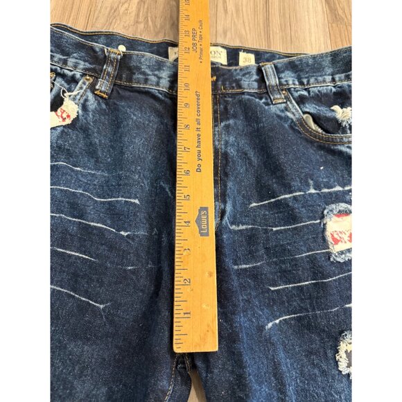 Y2K Evolution In Design Distressed Denim Shorts 38 Patches Frayed Hip Hop Skater - Picture 5 of 10